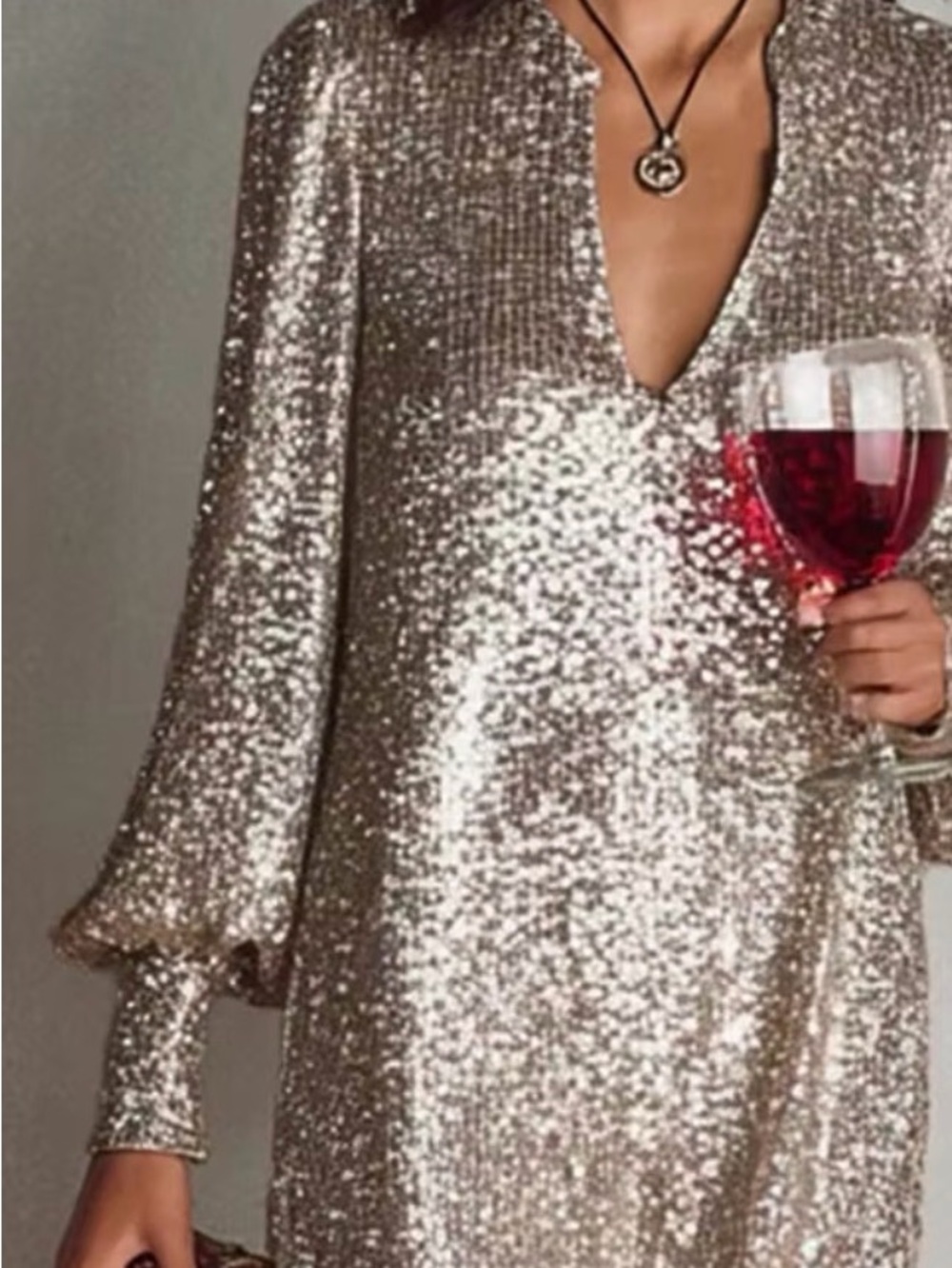 Sequin V-Neck Shift Dress in Metallic Gold